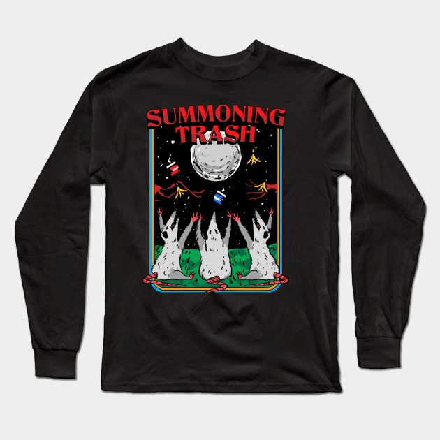 Three Opossums howling at the moon Summoning Trash funny Possum retro artwork Long Sleeve T-Shirt by A Comic Wizard